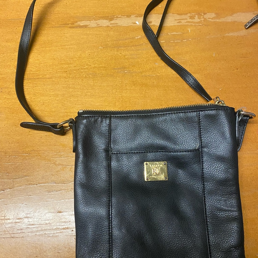 Black Leather Crossbody Bag with Gold Plaque